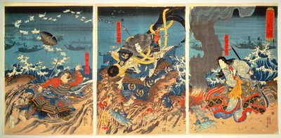 La morte di Tomomori nella battaglia di Dan-no-Ura, 1185, pub. c.1844 da Utagawa Kuniyoshi